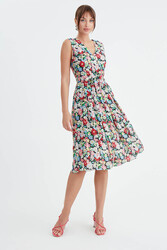 Çiçek Desen Pileli Midi Boy Elbise - 25