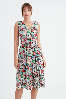 Çiçek Desen Pileli Midi Boy Elbise - 22