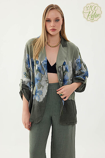 %100 Keten Çiçek Desen Tek Düğme Ceket - 1