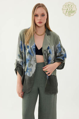 %100 Keten Çiçek Desen Tek Düğme Ceket