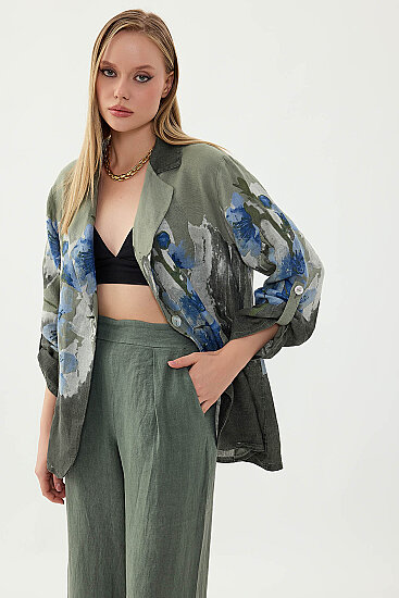 %100 Keten Çiçek Desen Tek Düğme Ceket - 2