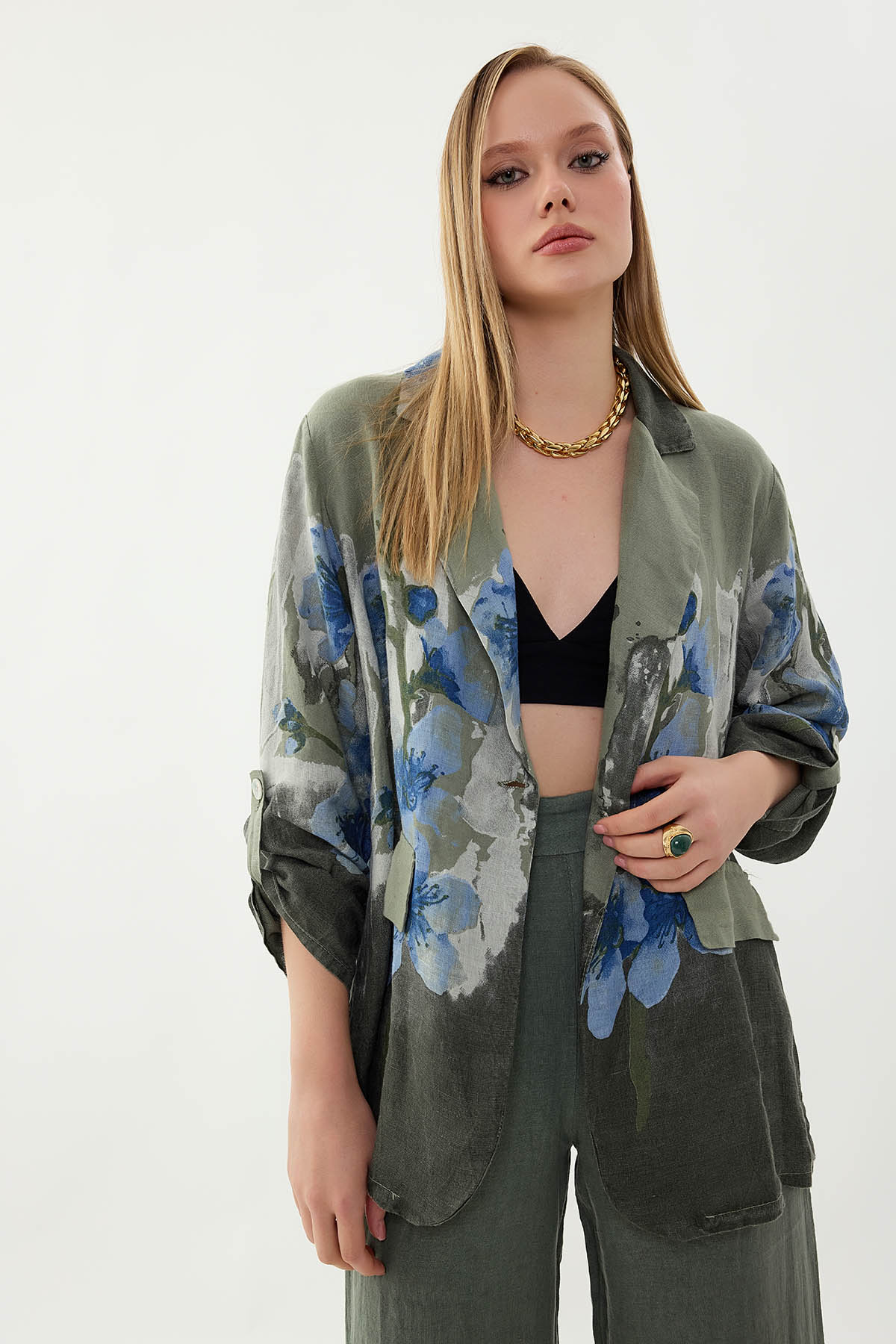 %100 Keten Çiçek Desen Tek Düğme Ceket - Thumbnail