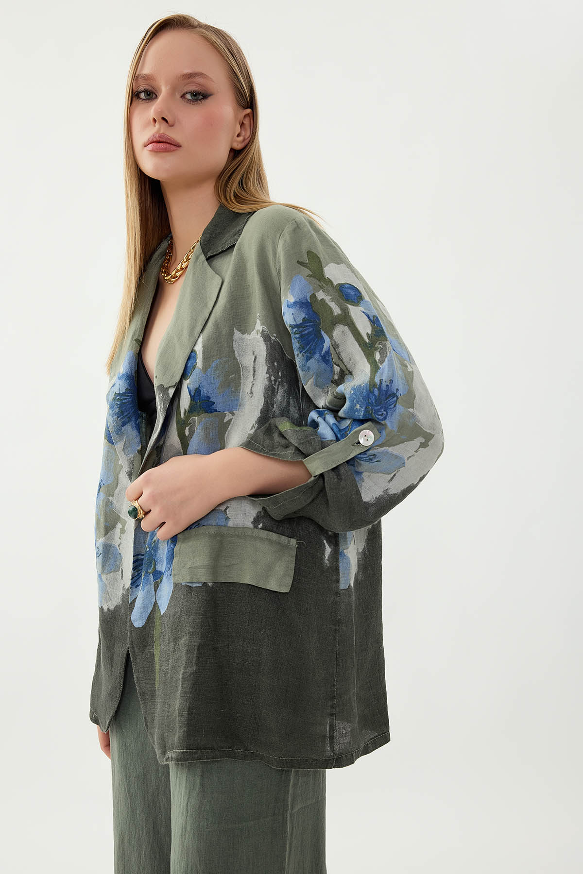 %100 Keten Çiçek Desen Tek Düğme Ceket - Thumbnail