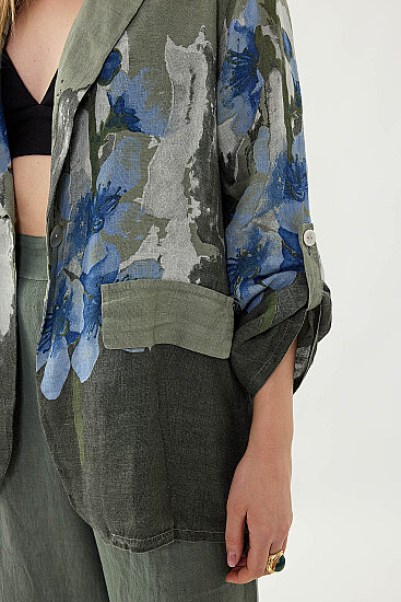 %100 Keten Çiçek Desen Tek Düğme Ceket - 6