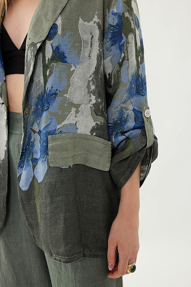 %100 Keten Çiçek Desen Tek Düğme Ceket - 6