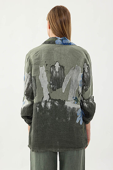 %100 Keten Çiçek Desen Tek Düğme Ceket - 5