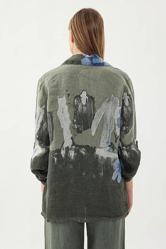 %100 Keten Çiçek Desen Tek Düğme Ceket - 5