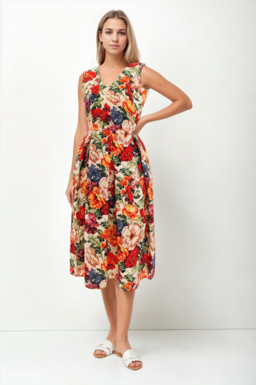 Çiçek Desen V Yaka Pileli Beli Bağlamalı Elbise - 1