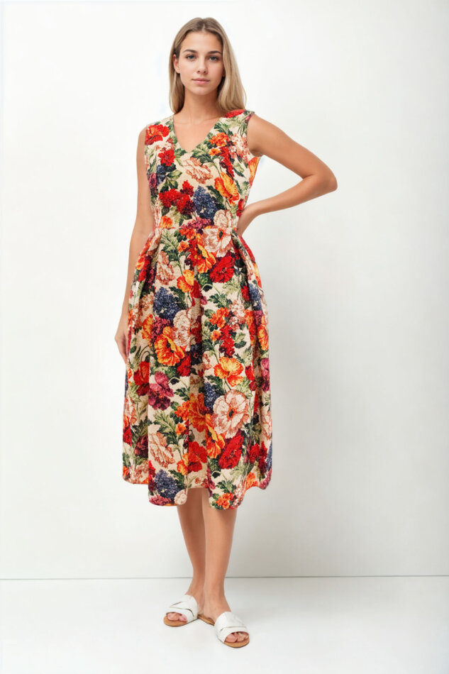 Çiçek Desen V Yaka Pileli Beli Bağlamalı Elbise - 1