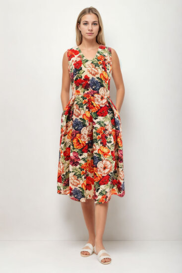 Çiçek Desen V Yaka Pileli Beli Bağlamalı Elbise - 2