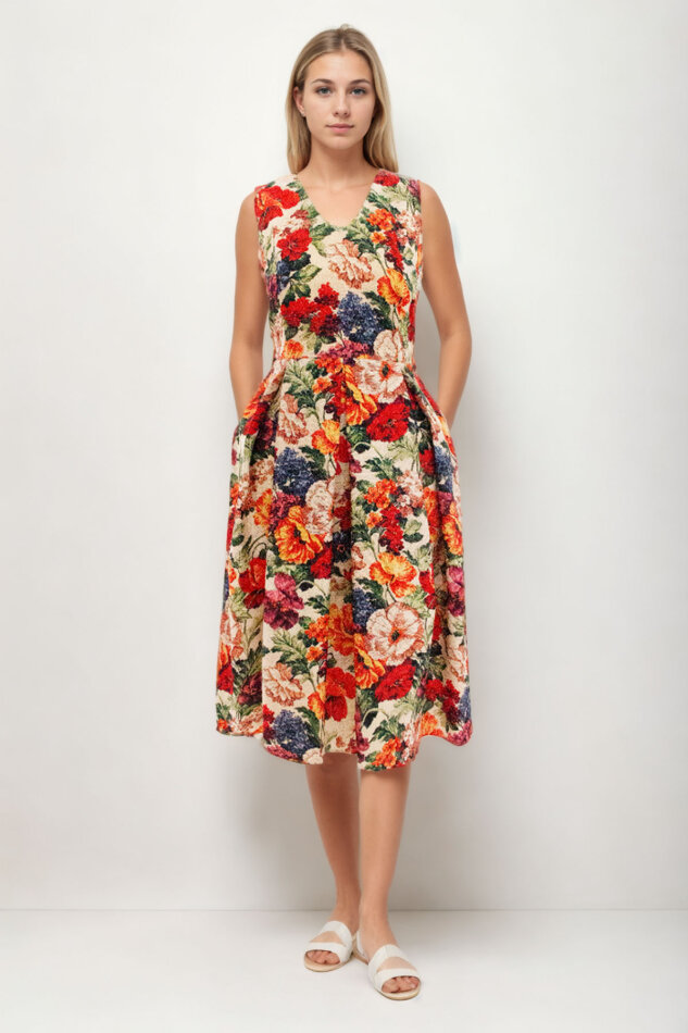 Çiçek Desen V Yaka Pileli Beli Bağlamalı Elbise - 2