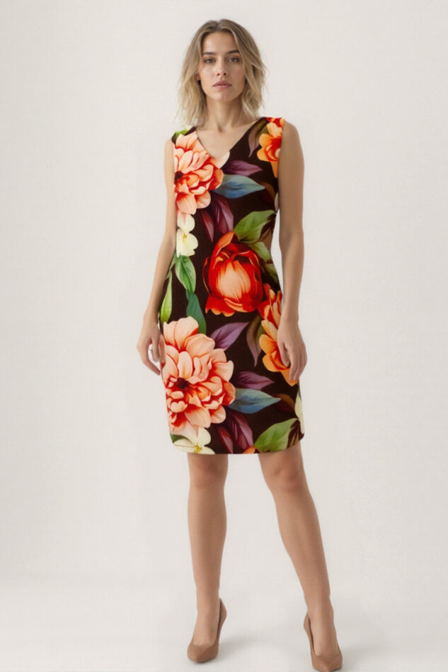 Çiçek Desenli Çift V Yaka Elbise - 1