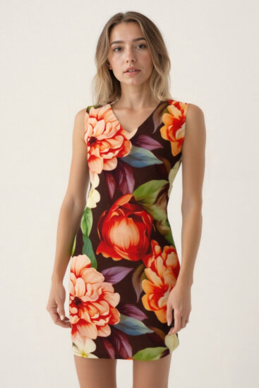 Çiçek Desenli Çift V Yaka Elbise - 2