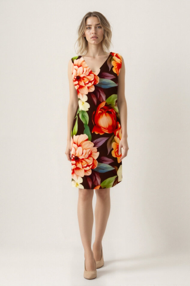 Çiçek Desenli Çift V Yaka Elbise - 3