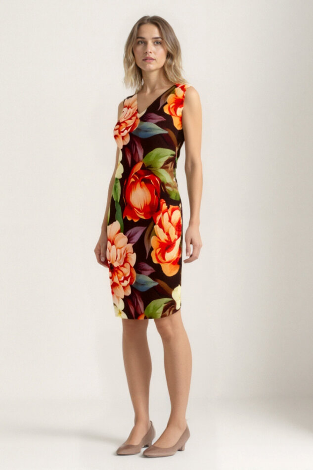 Çiçek Desenli Çift V Yaka Elbise - 4