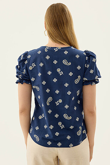 Çiçek Desenli V Yaka Balon Kol Bluz - 4