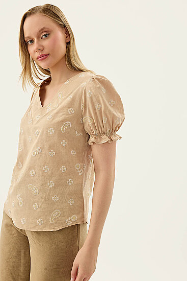 Çiçek Desenli V Yaka Balon Kol Bluz - 6