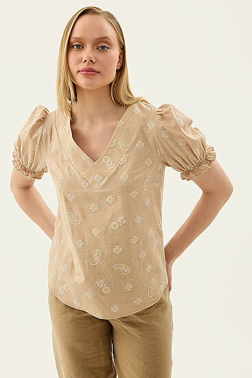 Çiçek Desenli V Yaka Balon Kol Bluz - 7