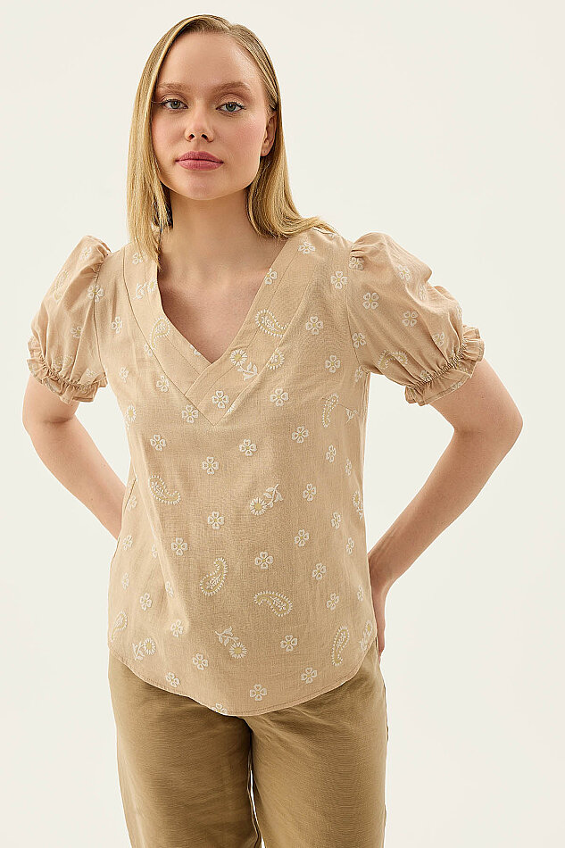 Çiçek Desenli V Yaka Balon Kol Bluz - 7