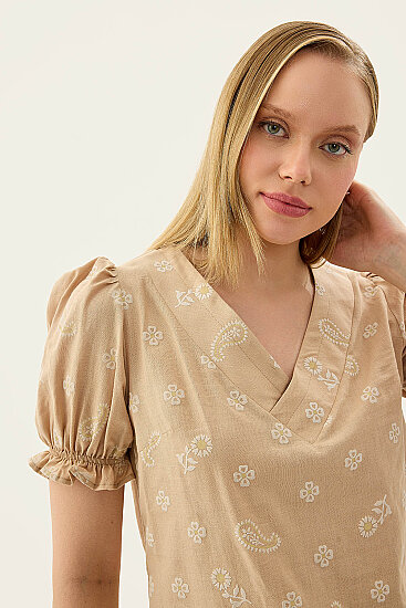 Çiçek Desenli V Yaka Balon Kol Bluz - 8