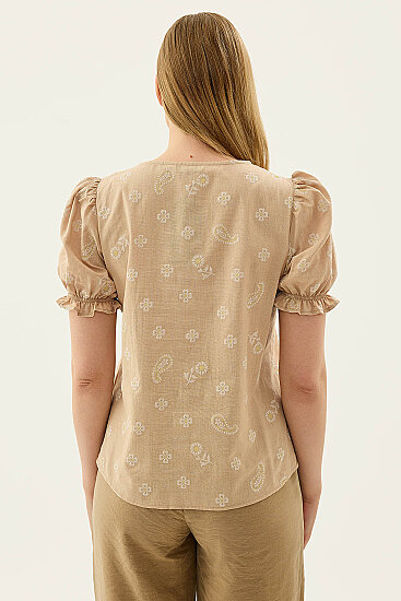 Çiçek Desenli V Yaka Balon Kol Bluz - 9