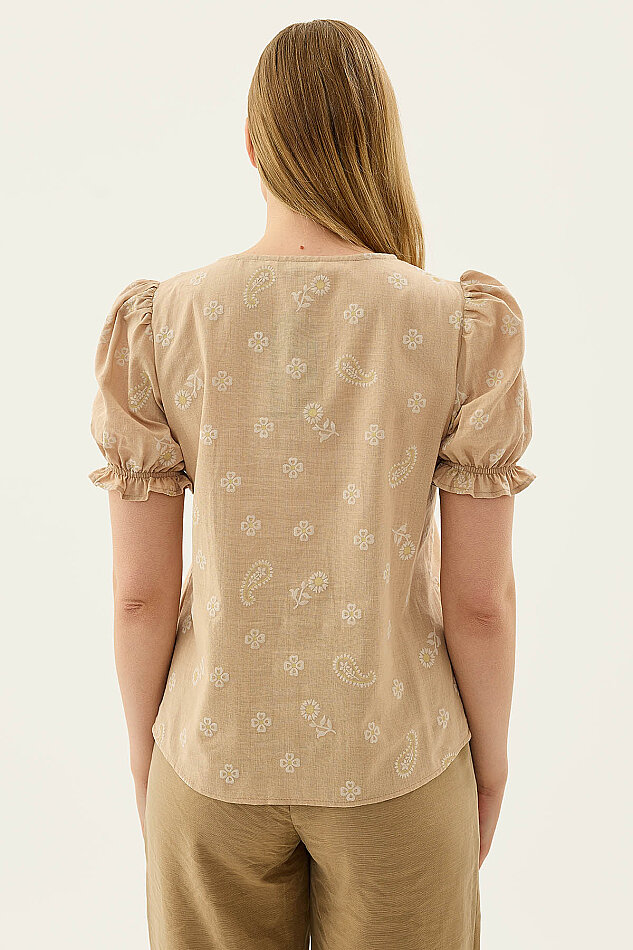 Çiçek Desenli V Yaka Balon Kol Bluz - 9