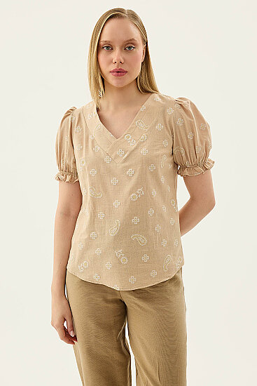 Çiçek Desenli V Yaka Balon Kol Bluz - 5