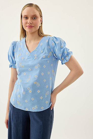 Çiçek Desenli V Yaka Balon Kol Bluz - 11