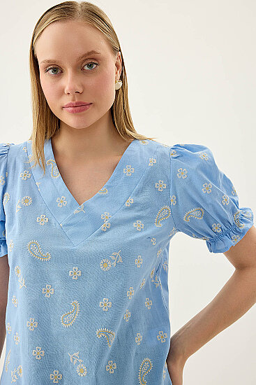 Çiçek Desenli V Yaka Balon Kol Bluz - 12