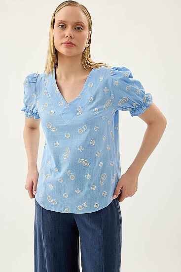 Çiçek Desenli V Yaka Balon Kol Bluz - 13