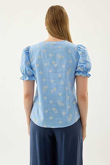 Çiçek Desenli V Yaka Balon Kol Bluz - 14