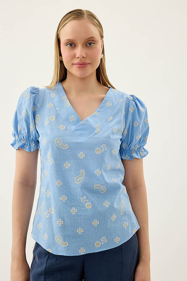 Çiçek Desenli V Yaka Balon Kol Bluz - 10