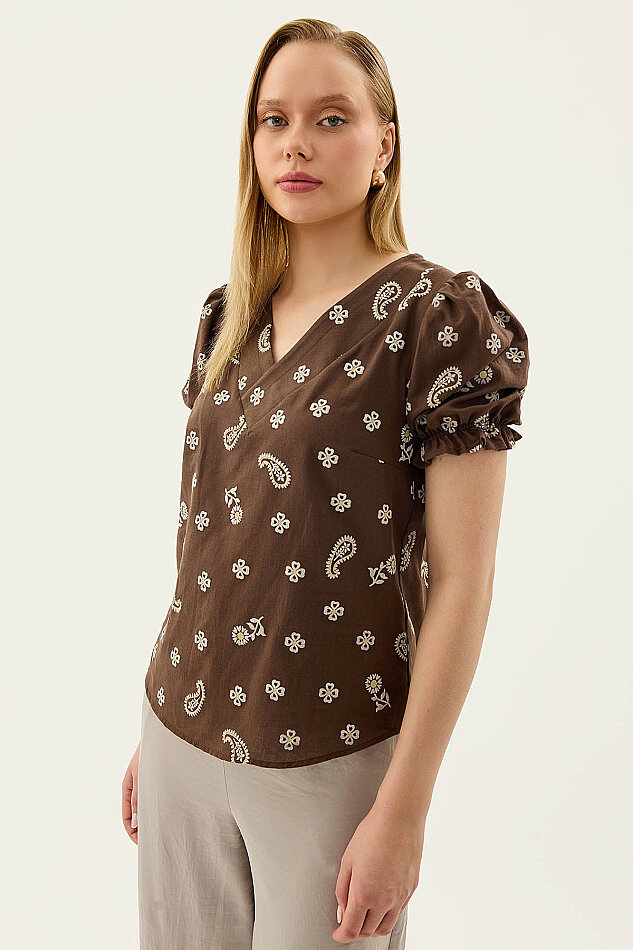 Çiçek Desenli V Yaka Balon Kol Bluz - 16