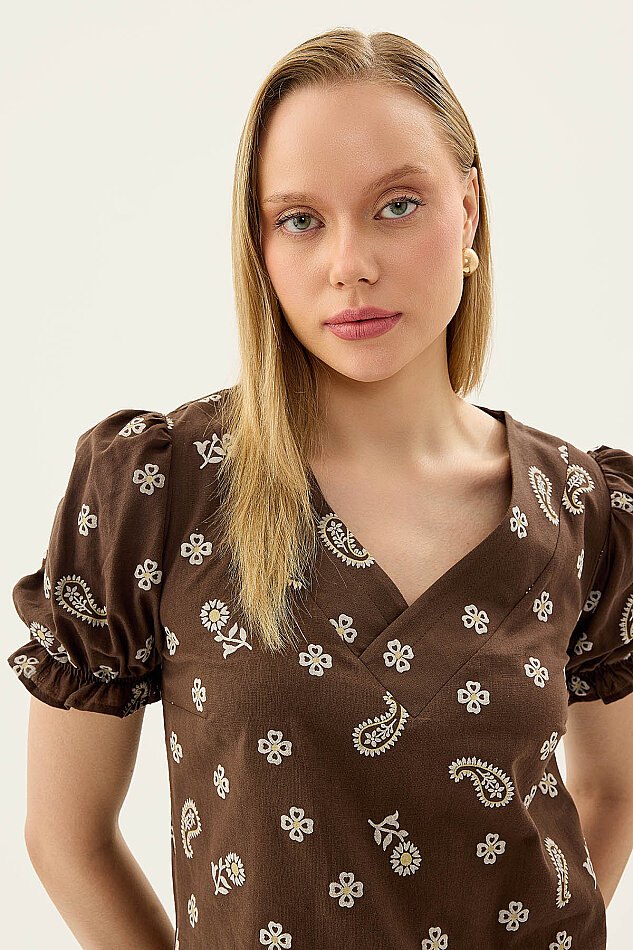 Çiçek Desenli V Yaka Balon Kol Bluz - 17