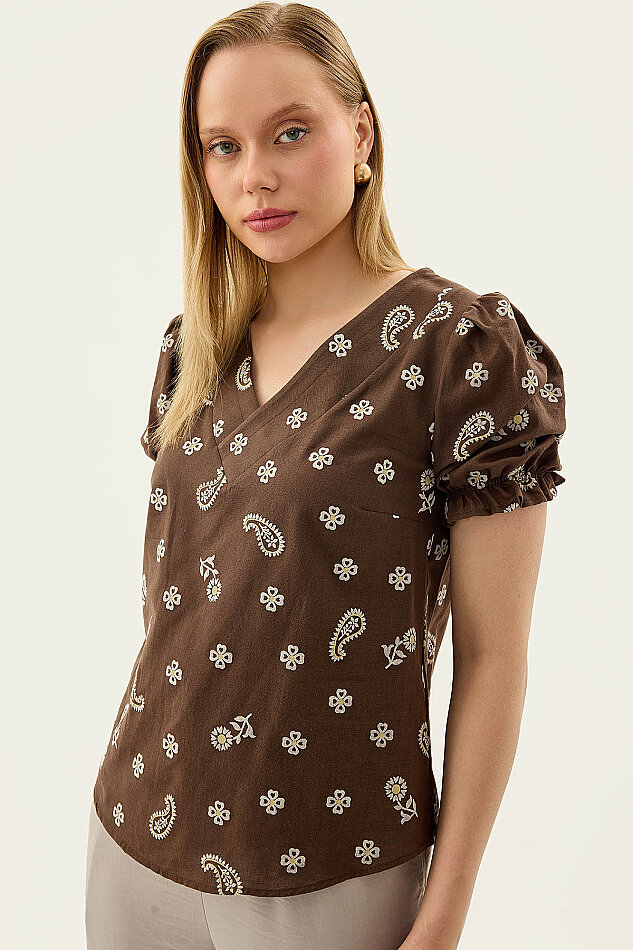 Çiçek Desenli V Yaka Balon Kol Bluz - 19