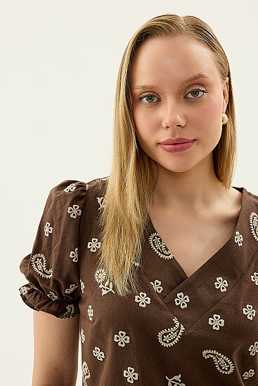 Çiçek Desenli V Yaka Balon Kol Bluz - 20