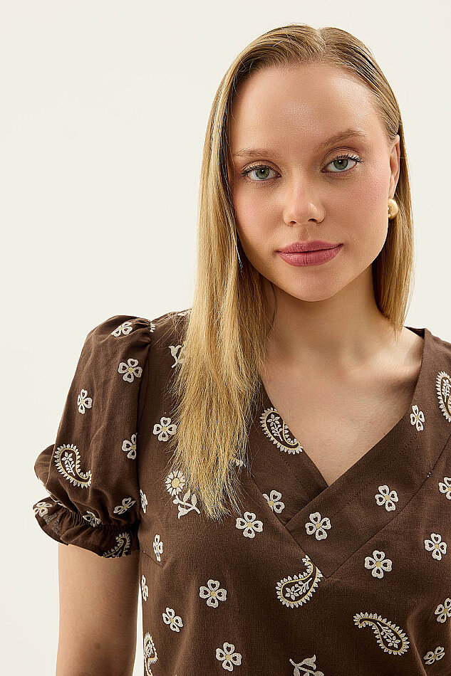 Çiçek Desenli V Yaka Balon Kol Bluz - 20