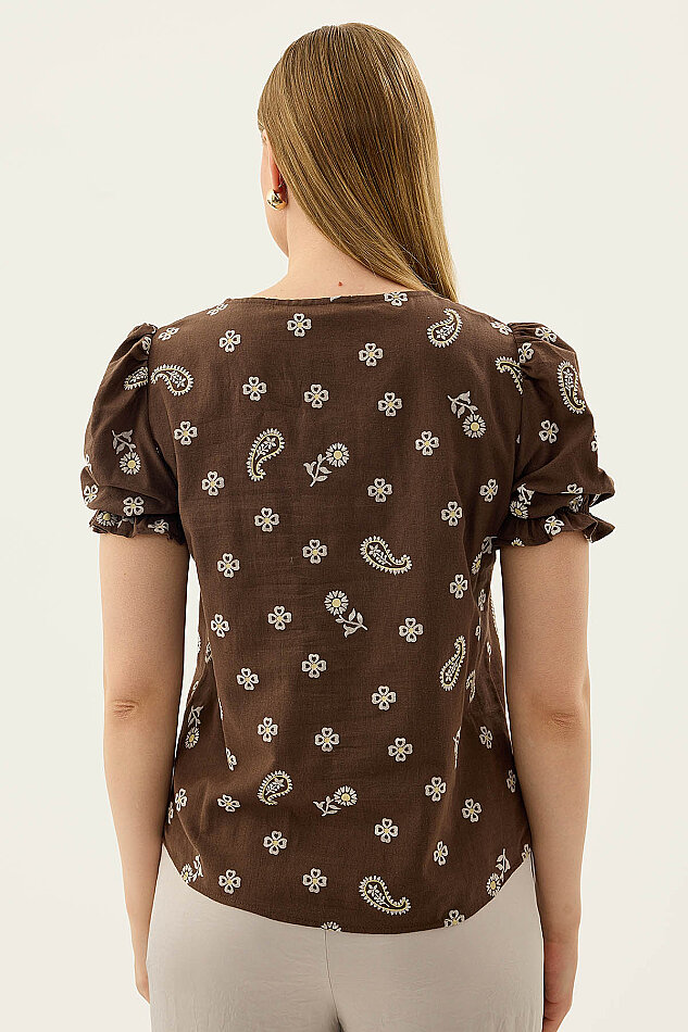 Çiçek Desenli V Yaka Balon Kol Bluz - 18