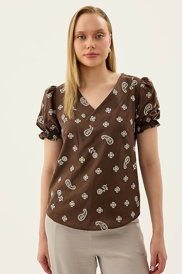 Çiçek Desenli V Yaka Balon Kol Bluz - 15