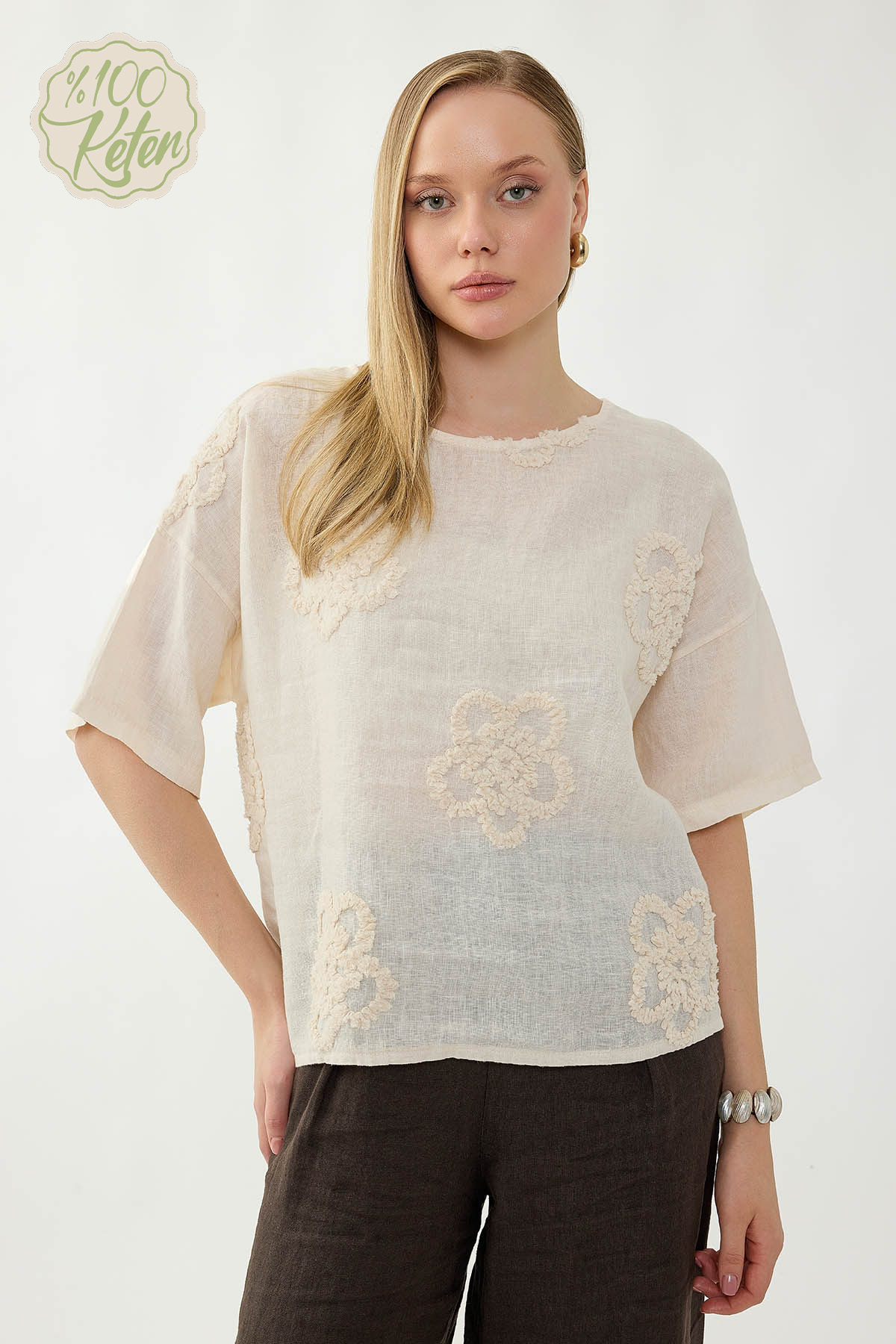 %100 Keten Çiçek Motifli Kısa Kol Bluz - Thumbnail