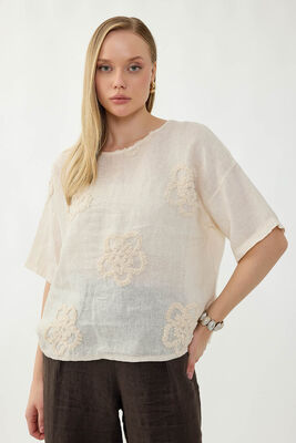 %100 Keten Çiçek Motifli Kısa Kol Bluz (1)