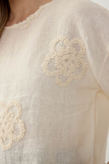 %100 Keten Çiçek Motifli Kısa Kol Bluz - 6