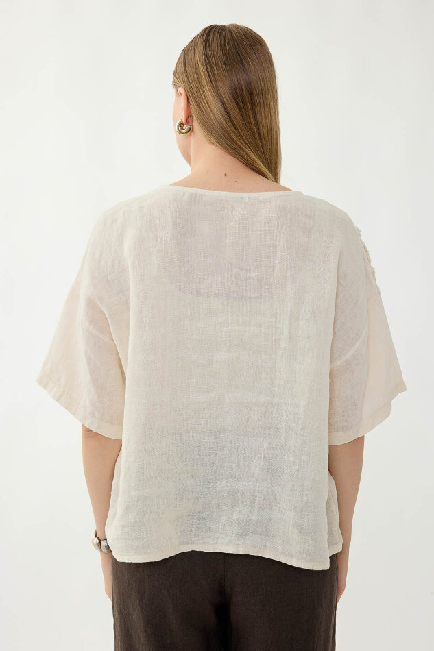 %100 Keten Çiçek Motifli Kısa Kol Bluz - 4