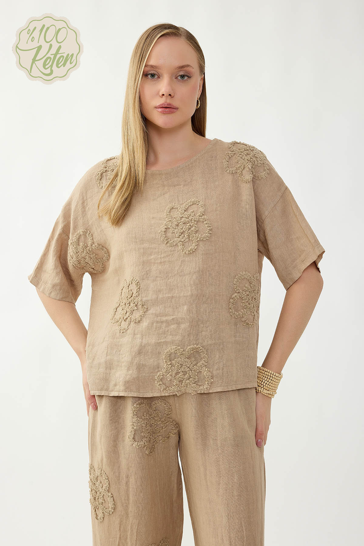 %100 Keten Çiçek Motifli Kısa Kol Bluz - Thumbnail