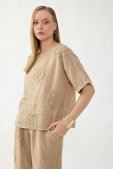 %100 Keten Çiçek Motifli Kısa Kol Bluz - 10