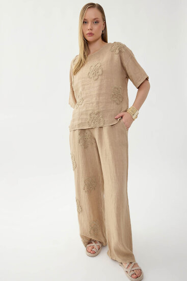 %100 Keten Çiçek Motifli Kısa Kol Bluz - 9