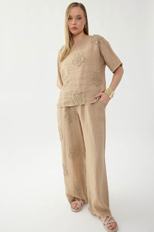 %100 Keten Çiçek Motifli Kısa Kol Bluz - 9