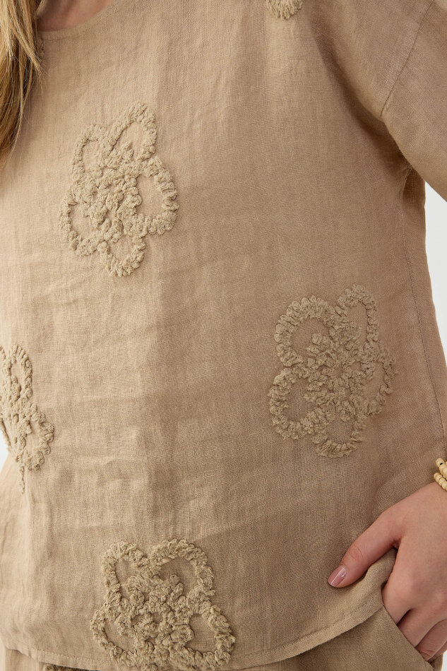 %100 Keten Çiçek Motifli Kısa Kol Bluz - 14
