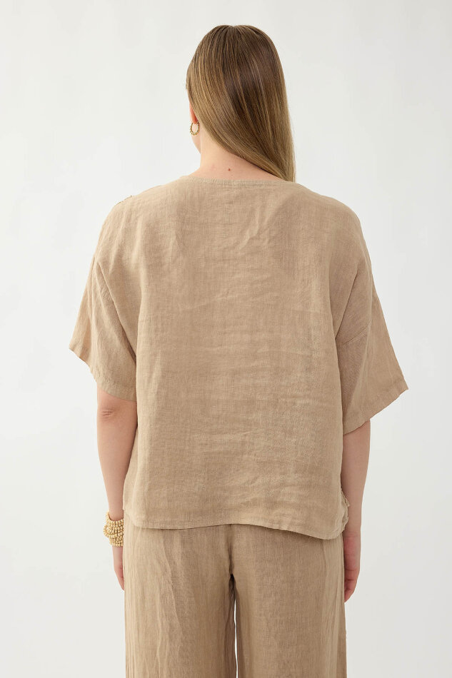 %100 Keten Çiçek Motifli Kısa Kol Bluz - 12