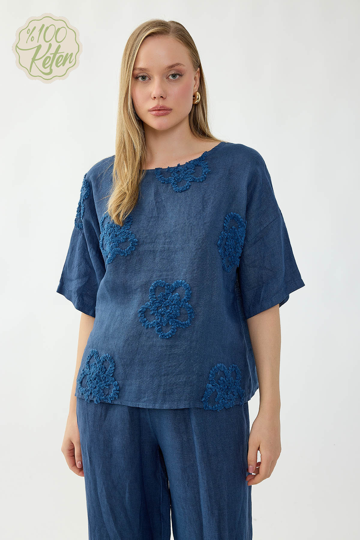 %100 Keten Çiçek Motifli Kısa Kol Bluz - Thumbnail